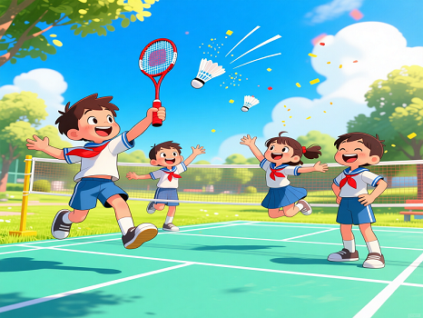 froehliches Comicbild von Kindern beim Badminton